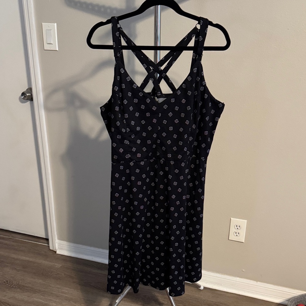 nine britton Black Mini Dress with White Diamond Motif and Crisscross Back